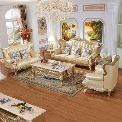 Wood Carved Living Room Leather Sofa in Optional Sofas Seats and Furniture Color