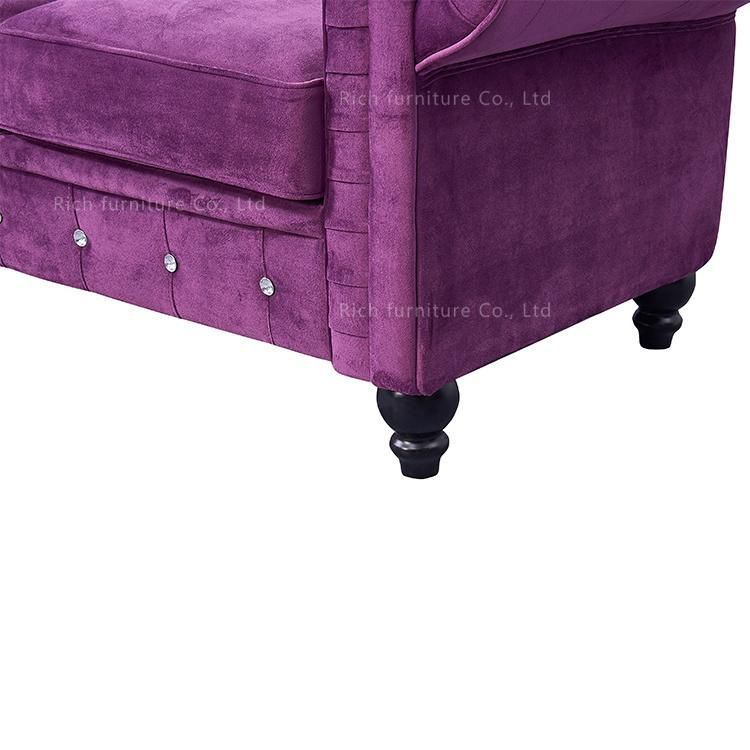 Modern Design Hotel Furniture Living Room Sectional Assembled Purple Velvet Chesterfield Sofa 3 Seater