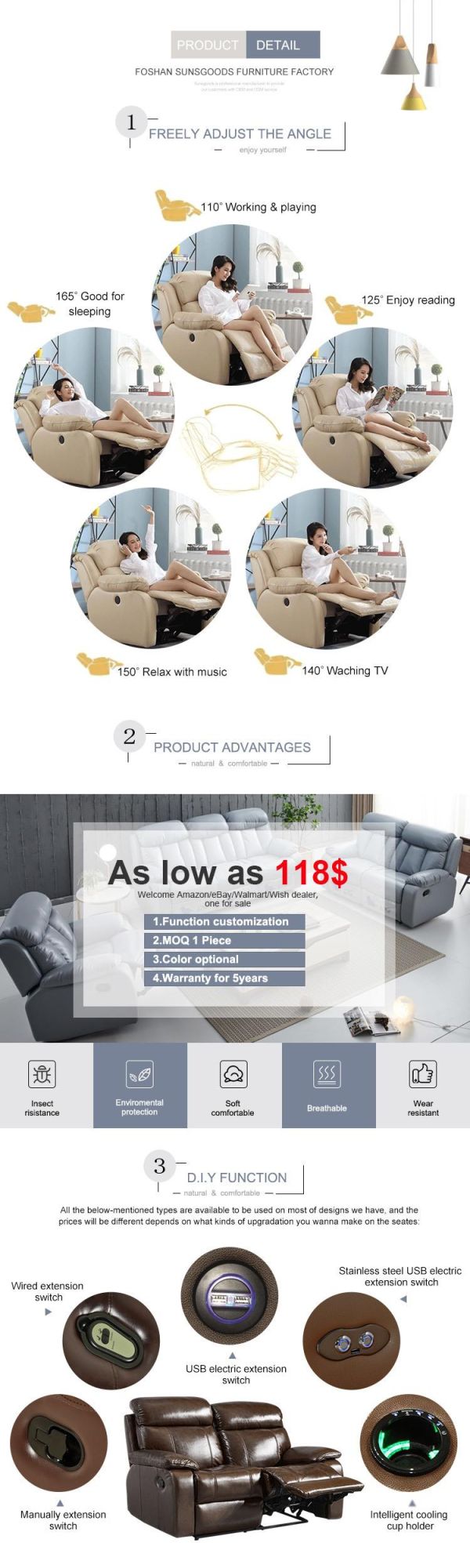 Low MOQ Electric Recliner Sofa Home Theater 4 Seats Modern Sofa Bed