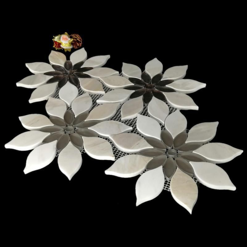 Grey, White Flowers, Natural Stone Material + Crystal Mosaic TV Background Wall, Kitchen, Sofa, Hotel Lobby