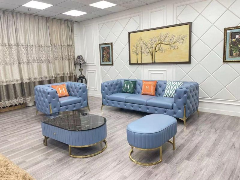Luxury Blue Buttoned Sofa Microfiber Leather Upholstered Sofa Italian Style Single Sofa 3 Seater Sofa with Coffee Table and Pedal