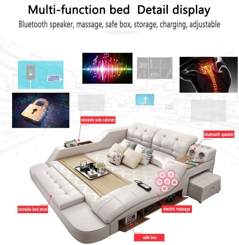 Home Bedroom Mattress Wooden Multifunction Storage Massage Music Design Tatami Leather Sofa King Bed Wholesale Furniture