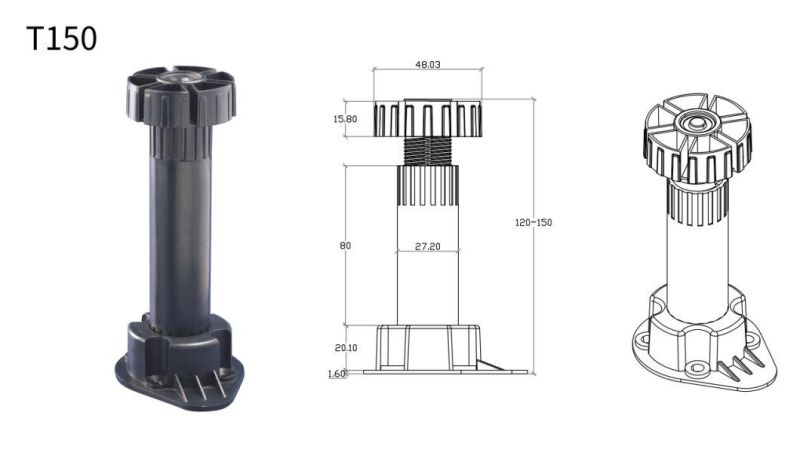 T150 Screw on PP Plastic Adjustable Feet 120-150mm for Cabinets