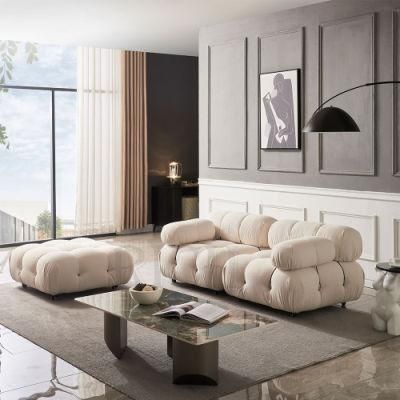 Living Room Velvet Fabric White Loveseat Couch Sofa with Ottoman