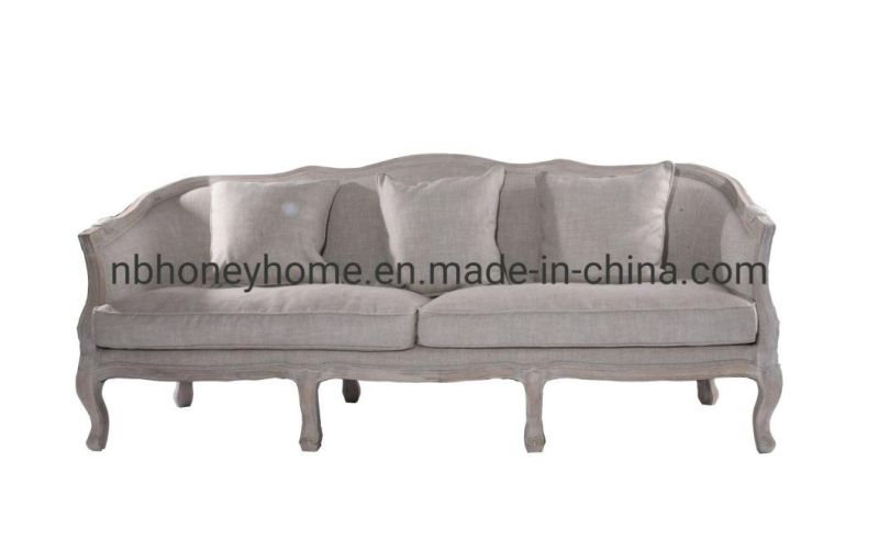 French Vintage Oak Frame Oil Brash Washed Color Living Room Fabric Sofa