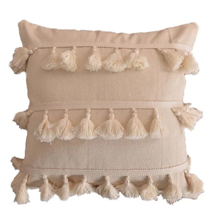 Cotton Linen Tassel Tufted Pillow Cushion Cover Waist Pillowcase for Living Room