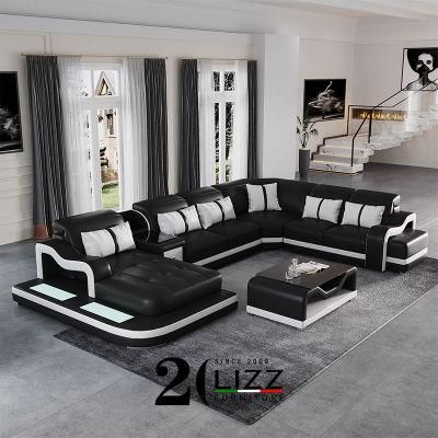 LED Light Genuine Leather Sectional Living Room Home Furniture Sofas