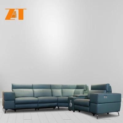 Modern Italian Style Home Living Room Function Furniture 4 Seat Genuine Leather Recliner Leisure Corner Sofa with Console