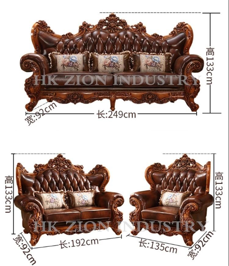 High End European Style Antique Sofa Classic Living Room Furniture Sets Chaise Longue Brown Solid Wood Frame Genuine Leather Sectional Sofa