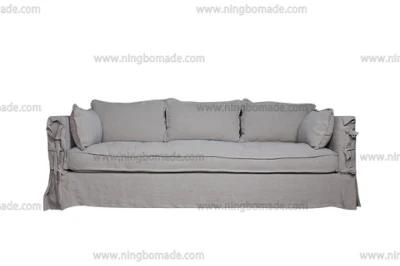 Antique Design Rustic Style Furniture Grey Oak Linen Fabric Cushions Three Seats Sofa