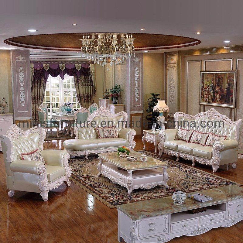 (MN-CSF15) Living Room Genuine Leather Sofa with Carved Design on Wood