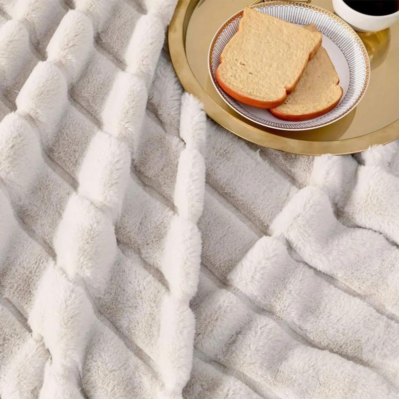 Striped Faux Fur Throw Blanket for Couch 60"X80" Beige Warm Milky Plush Blanket for Sofa Bed Living Room Bedroom