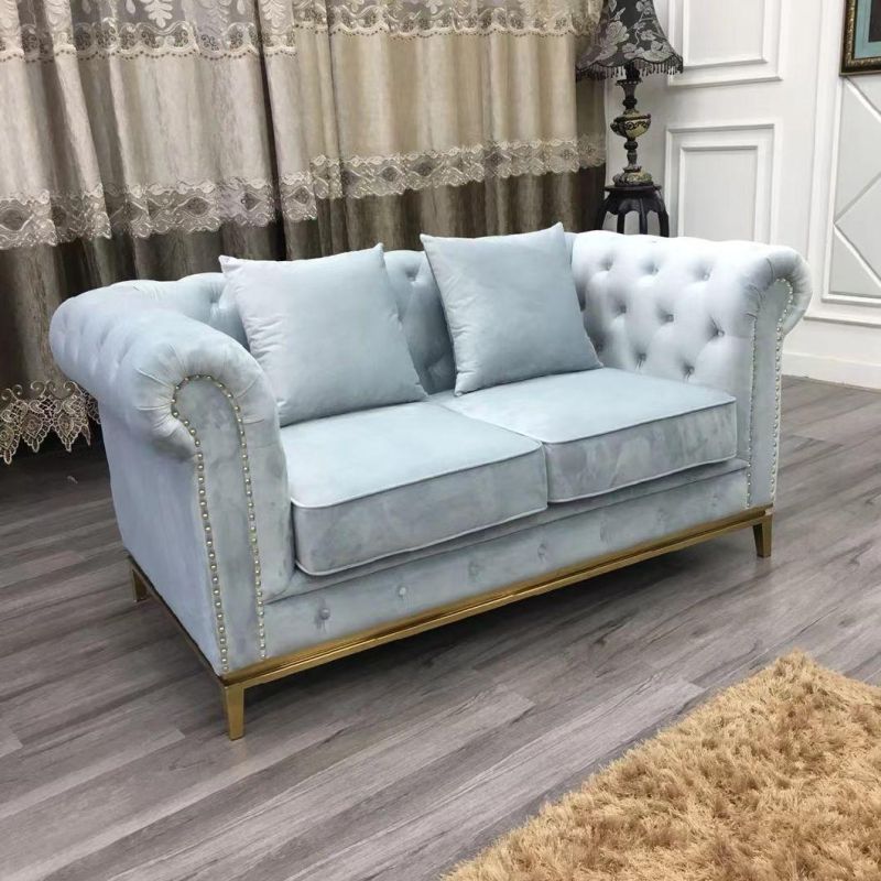 Luxury Chesterfield Chenille Diamond Tufted Living Room Sofa Velvet Upholstered Double Seat Buttoned Sofa