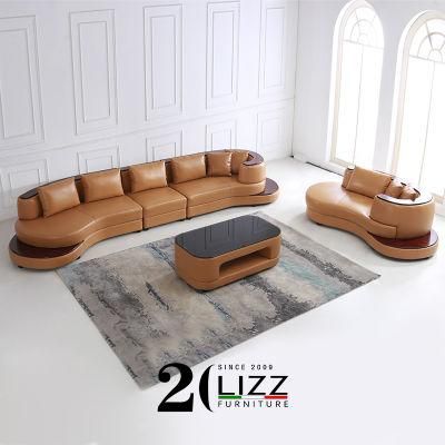 Divani Casa Rounded Corner Genuine Leather Sectional Sofa with Wood Trim