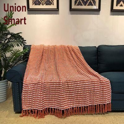 Fuzzy Decorative Knitted Fringe Warm Cozy Lightweight acrylic Waffle Blanket with Tassels for Couch, Bed, Sofa