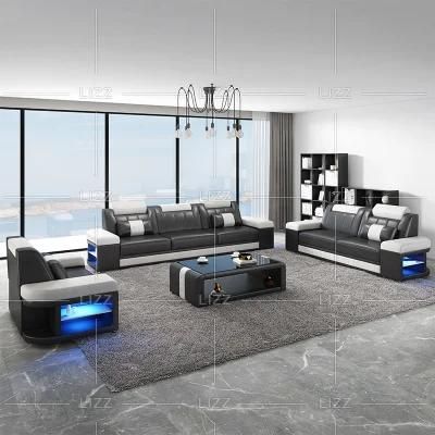 Factory Wholesale Latest Design Sofa Set with LED Functional Coffee Table Leather Home Furniture