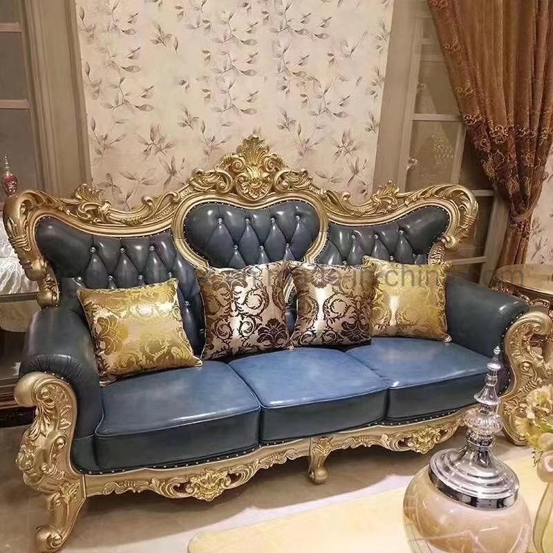 (MN-CSF09) Hotel/Home Living Room Hand Engraving Solid Wood Leather Sofa Set