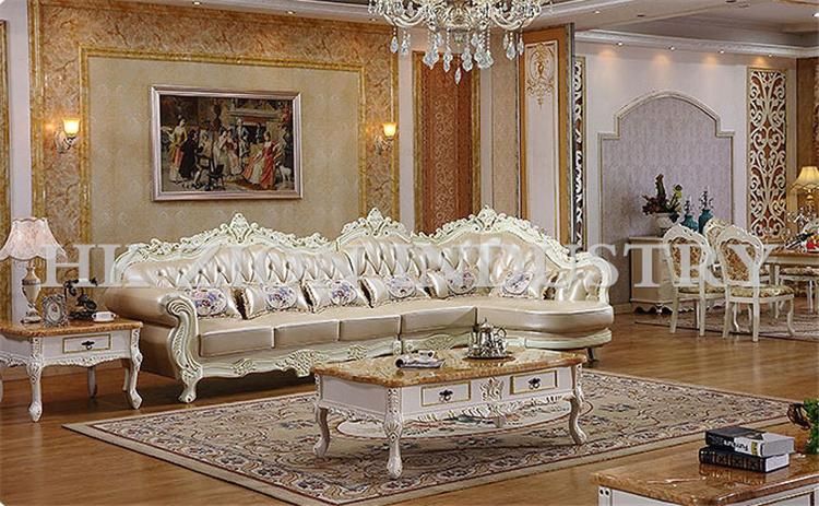 Royal Living Room Furniture Sets Luxury Leisure Chaise L Shape Sofa Corner Sofa European Style Geniue Leather Wooden Home Living Room Sofa