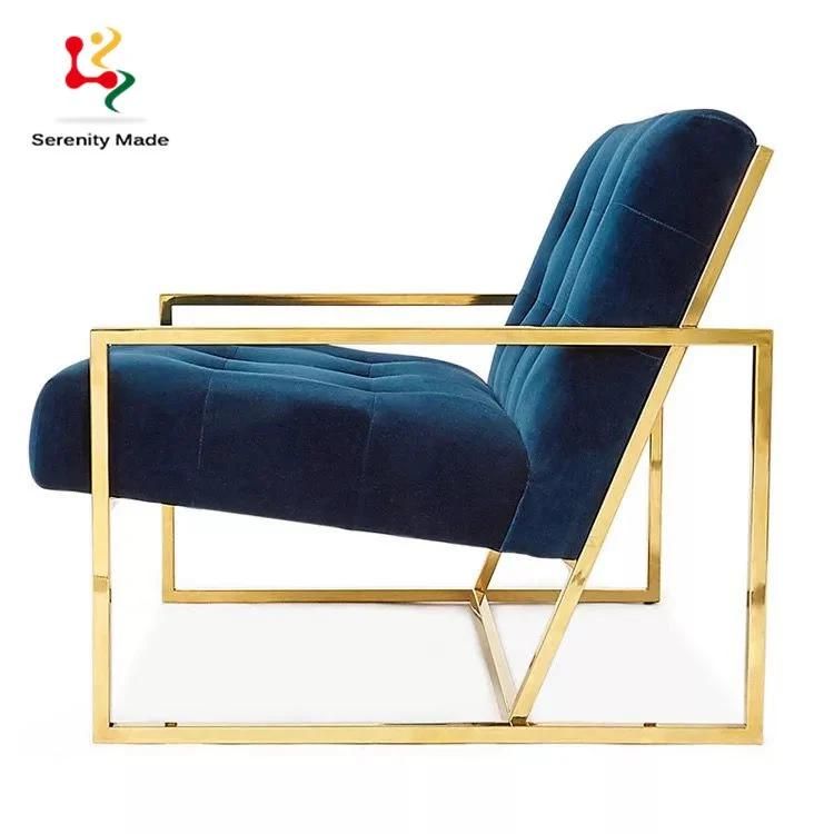 Luxury Gold Finish Metal Frame Hotel Lounge One Seater Velvet Sofa Chair Armchairs Living Room Chairs