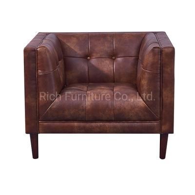 European Style Home Furniture Single Seat Soft Couch Living Room Brown Leather Wooden Sofa