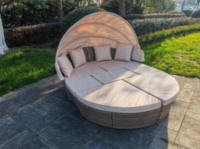 Outdoor Furniture Round Daybed Sofa Bed with Canopy and Soft Cushions, PE Wicker Rattan Sectional Sofa Set for Lawn Garden Backyard Pool
