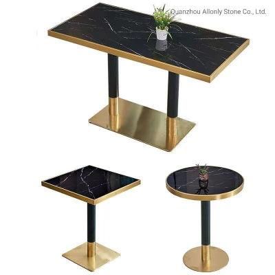 Rectangle Black and White Marble Dining Table Cafe Table Top with Brass Base