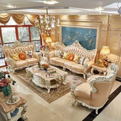 Antique Royal Leather Sofa with Coffee Table and Side Stool in Optional Couch Seat and Furniture Color
