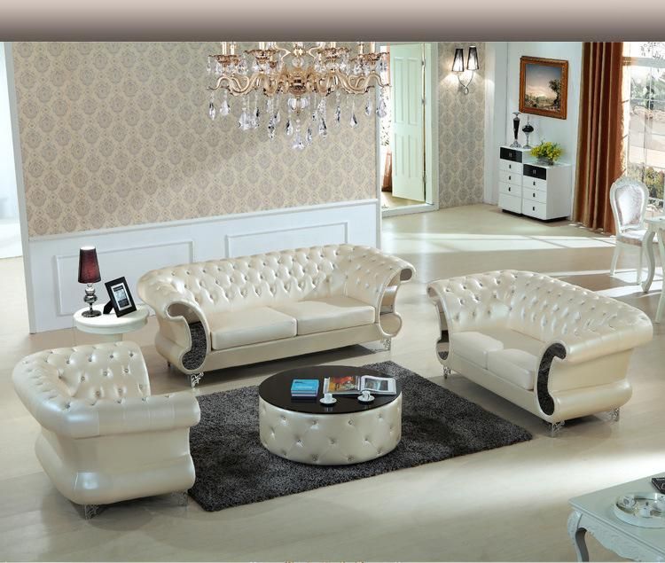 Tufted Genuine Leather Sofa Stainless Steel Furniture White Sofa Set