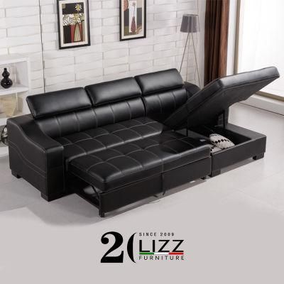 European Design with Storage Hot Selling Living Room Furniture Set Sectional Black Genuine Leather Sofa