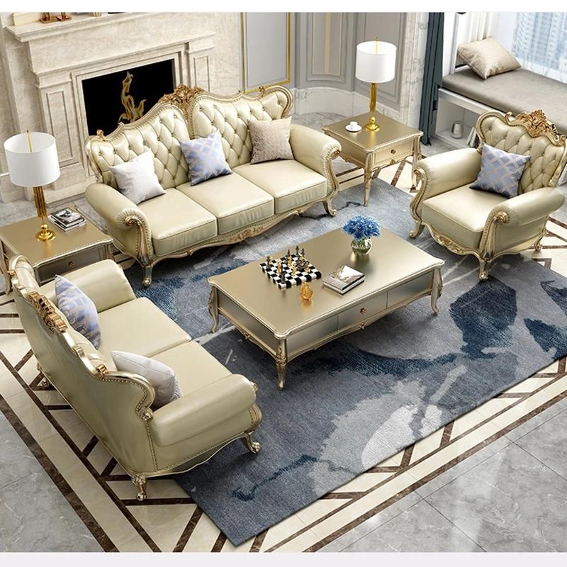 Living Room Furniture Sets Classic Leather Sofa with Wooden Center Table in Optional Furnitures Color and Couch Seats