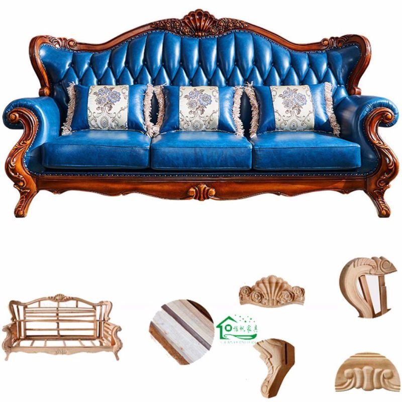 Antique Wooden Leather Sofa with Chaise Lounge for Home Furniture