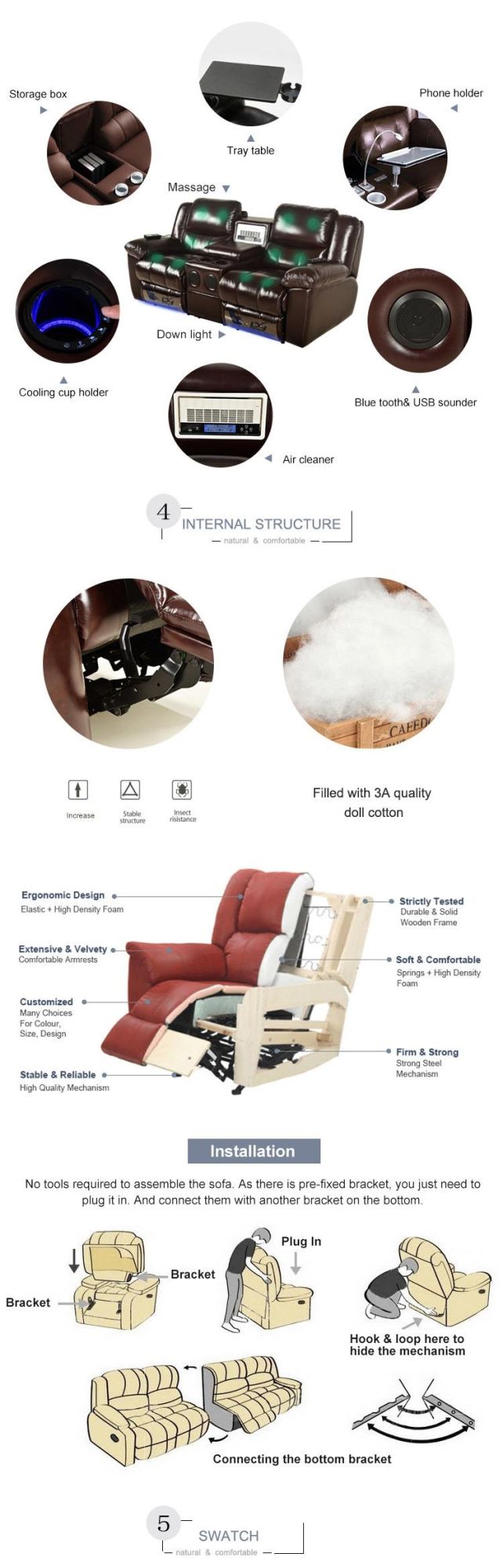 Chinese Top Grain Hafl Leather Home Movie Theater Cinema Manual Recliner Sofa Home Furniture