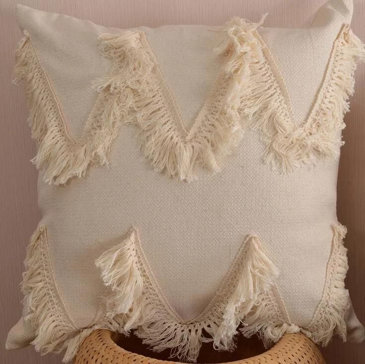 Cotton Linen Tassel Tufted Pillow Cushion Cover Waist Pillowcase for Living Room