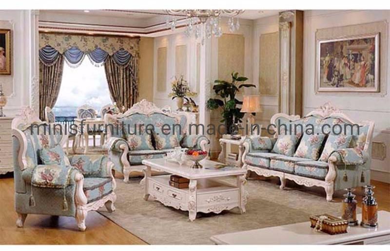(MN-SF79) French Classic Home Living Room/Hotel Lounge Furniture Wood Fabric Sofa Set