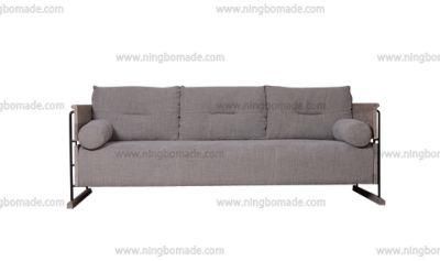 Antique Design Rustic Style Furniture Beige Gray Oak Linen Fabric Cushions Three Seats Sofa