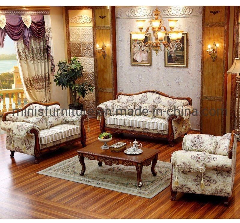 (MN-SF109) Factory Home Lounge Living Room Furniture Vintage Wood Fabric Sofa