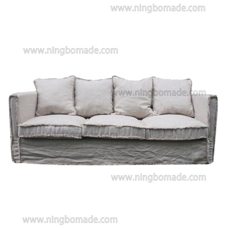Antique Design Rustic Style Furniture Cream White Oak Linen Fabric Cushions Three Seats Sofa