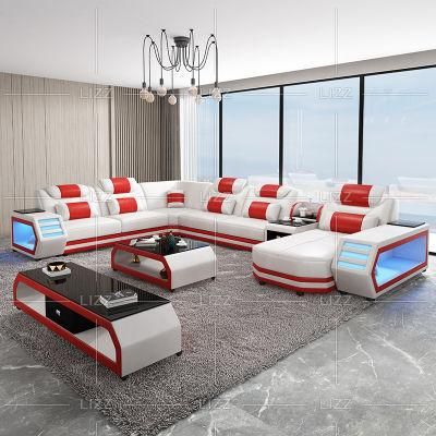 Comfortable European Style Modern Luxury Home Furniture Genuine Leather Sofa with Coffee Table and TV Stand