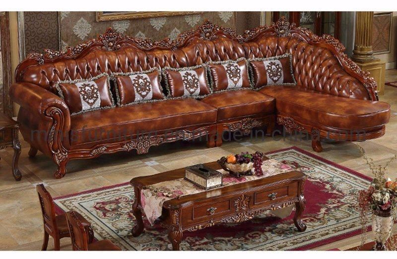 (M-CSF33) Home Living Room Furniture Wood Frame L-Shaped Genuine Leather Sofa