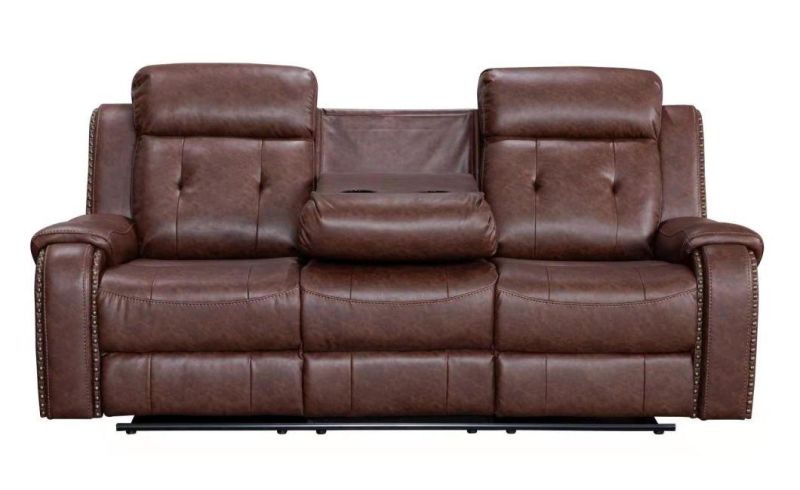 Air Leather Reclining Sofa with Drop Table and Console for Living Room Furniture