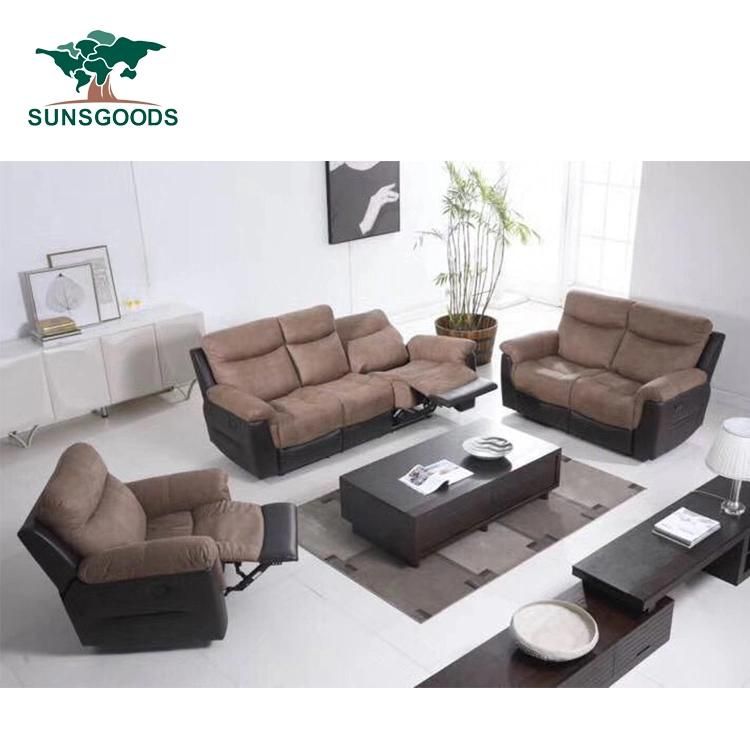 Fabric Massage Black and Brown Leather Recliner Sofa Set for Living Room