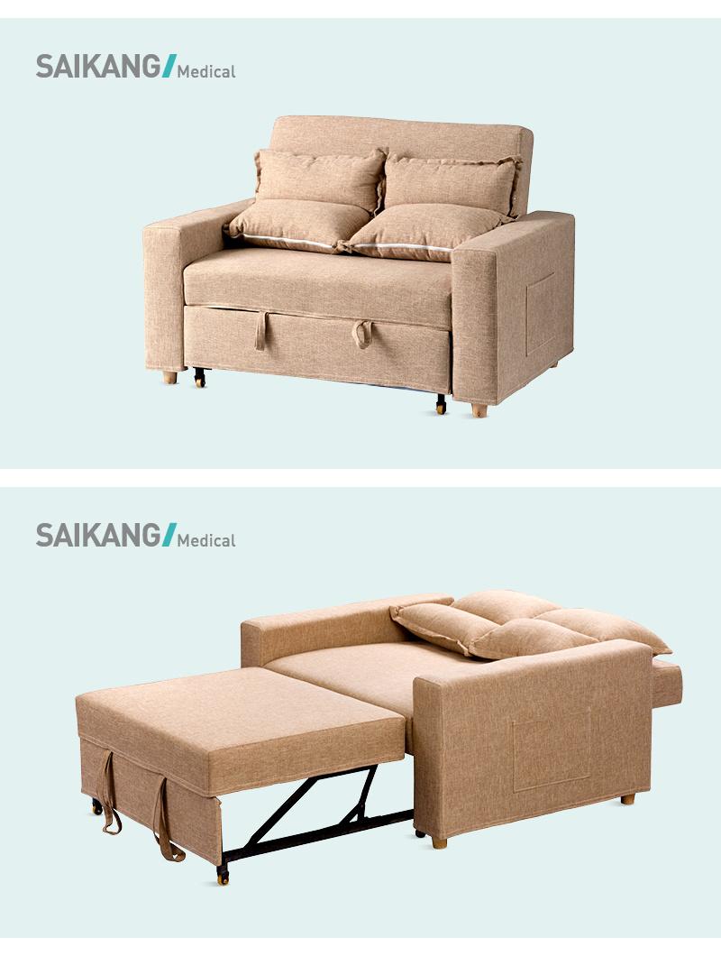 Ske001-4 Comfortable Hospital Furniture Flannel Fabric Foldable Double Accompany Sofa with Wheels