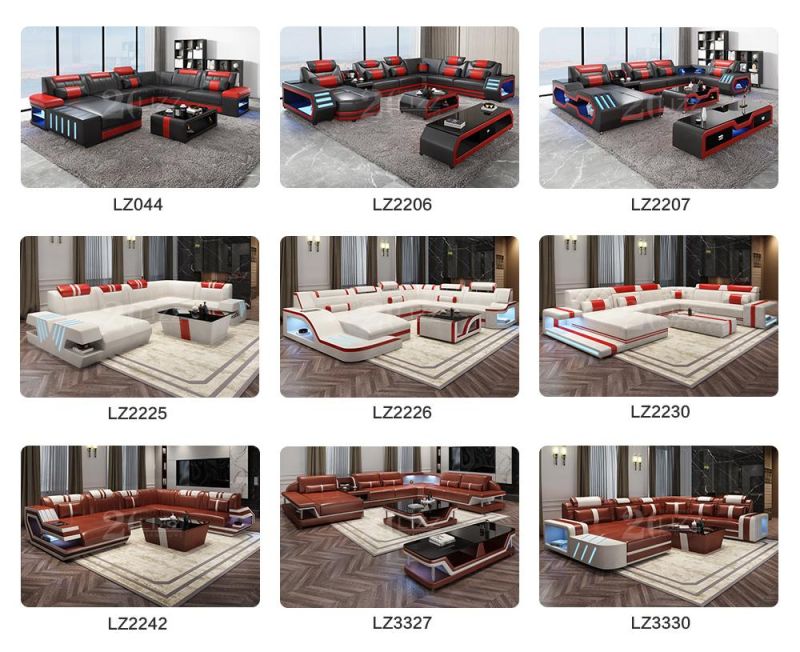Functional LED European Modern Leisure Home Furniture Living Room U Shape Wooden Sectional Genuine Leather Sofa Set