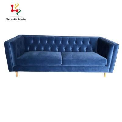 Modern Living Room Furniture Navy Blue Velvet Tufted Sofa with Wood Legs