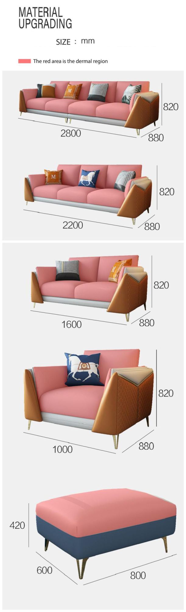 Supply Hotel Villa Metallic Cowhide Sofa Set 1+2+3