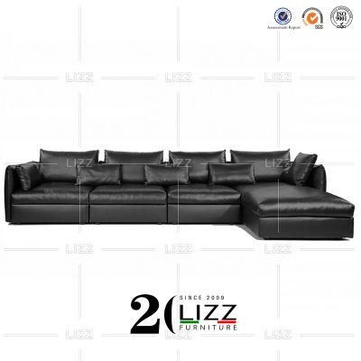 Contemporary Style Office Home Furniture Black Genuine Leather Living Room Wooden Feet Sofa