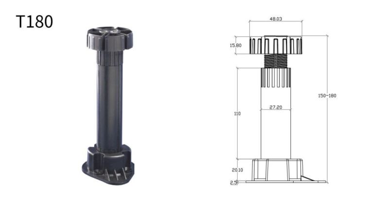 T180 Plastic Cabinet Legs with Adjustable Height 150-180mm Screw Type