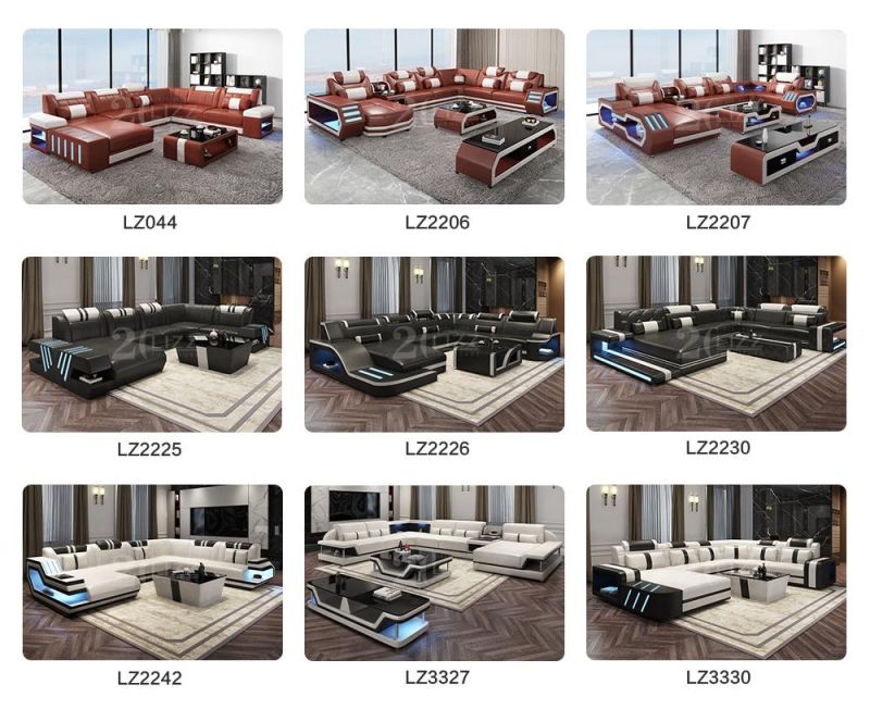 European Style Latest Design Sofa Set Living Room Genuine Leather Sofa with LED