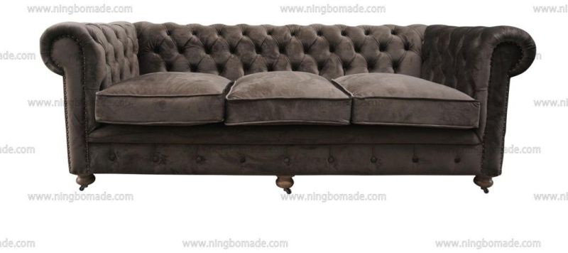 Antique Design Rustic Style Furniture Wax Brown Oak Leg Black/Beige/Grey Fabric Cushions Three Seats Sofa
