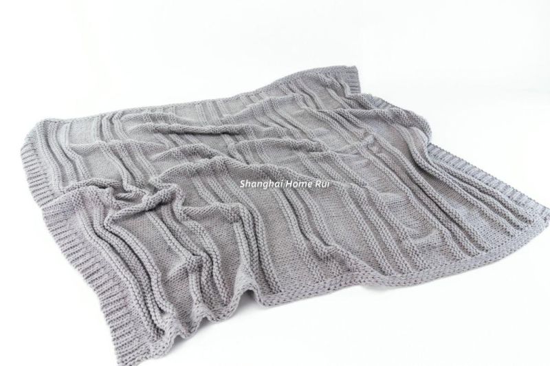 Home Outdoor Travel Bed Sofa Car Soft Warm Grey Knitted Texture Structure Striped Ribbed Throw Blanket Cover